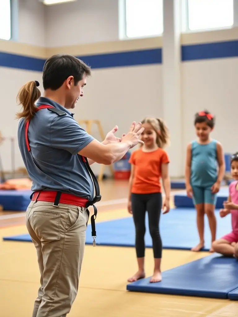 A photo of a certified instructor guiding participants through a gymnastics session, emphasizing safety and skill development.