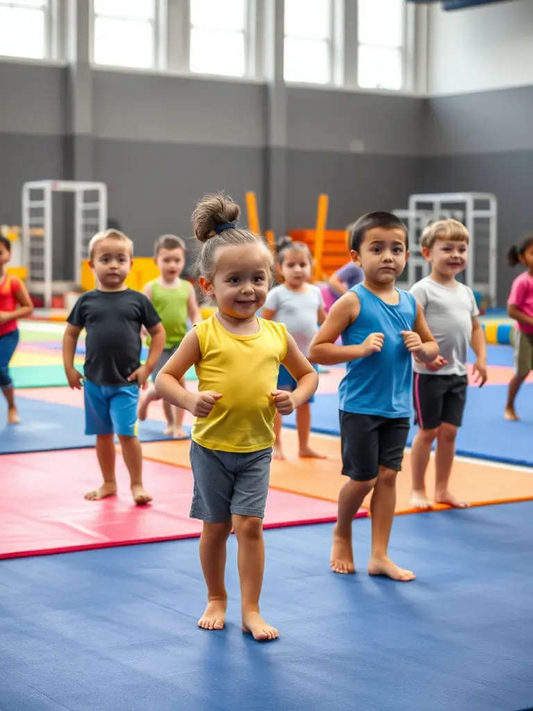 A photo of participants engaged in a gymnastics session at MOV 'N DANCE 18, demonstrating flexibility and strength.