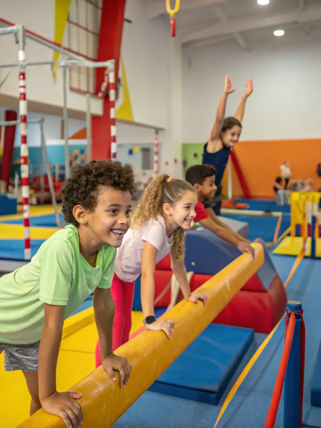 A photo of children doing gymnastics at MOV 'N DANCE 18, focusing on flexibility and balance.
