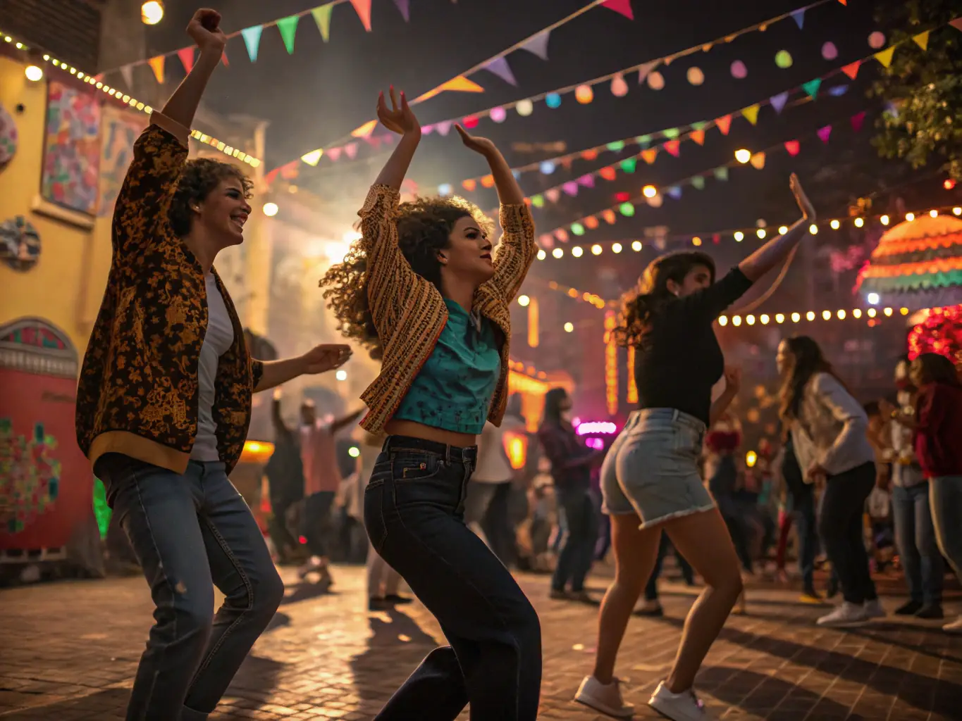 A lively scene of community members participating in a dance festival outdoors, with colorful decorations and joyful expressions.