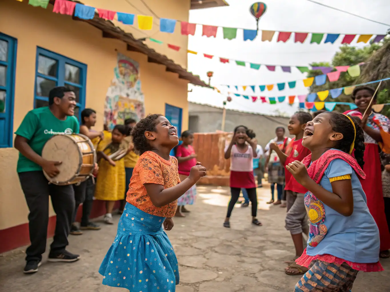 A vibrant image of children and adults participating in a lively dance class outdoors, showcasing energy and diversity.