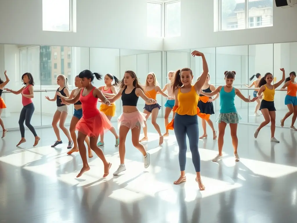 A group of children participating in a modern dance class, with a focus on their joyful expressions and coordinated movements, set in a brightly lit studio with mirrors.