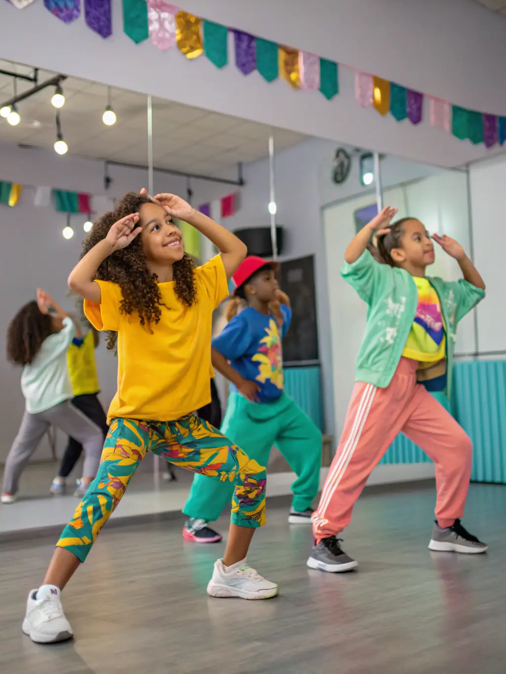 A group of children participating in a hip-hop dance class at MOV 'N DANCE 18, showcasing their energy and enthusiasm.