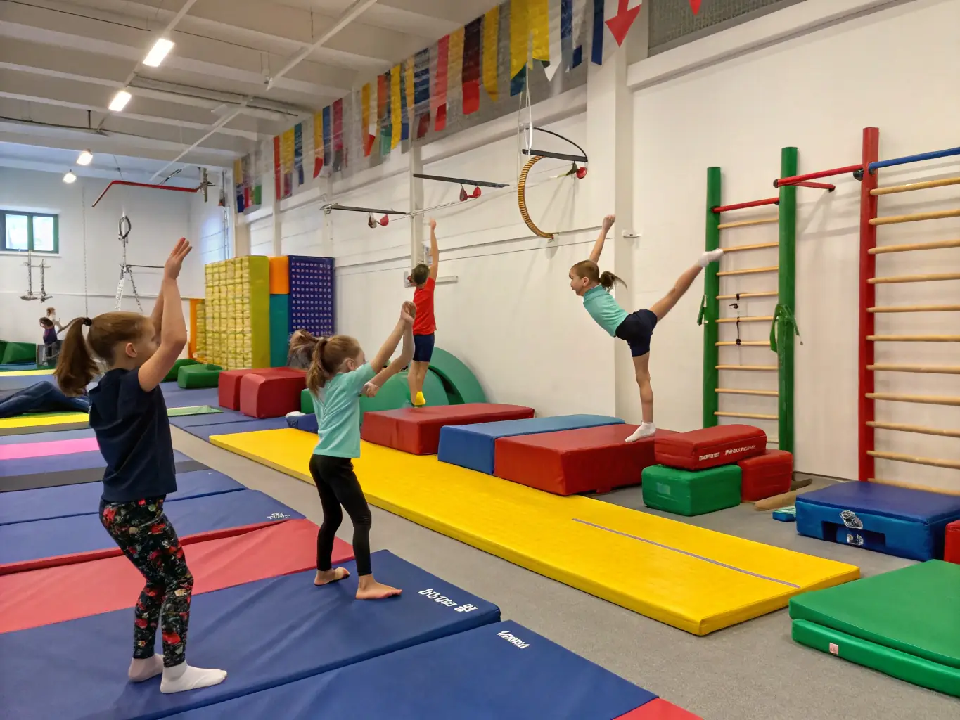 A diverse group of children engaged in a gymnastics class, showcasing various activities such as tumbling, balancing, and using equipment like balance beams and mats.