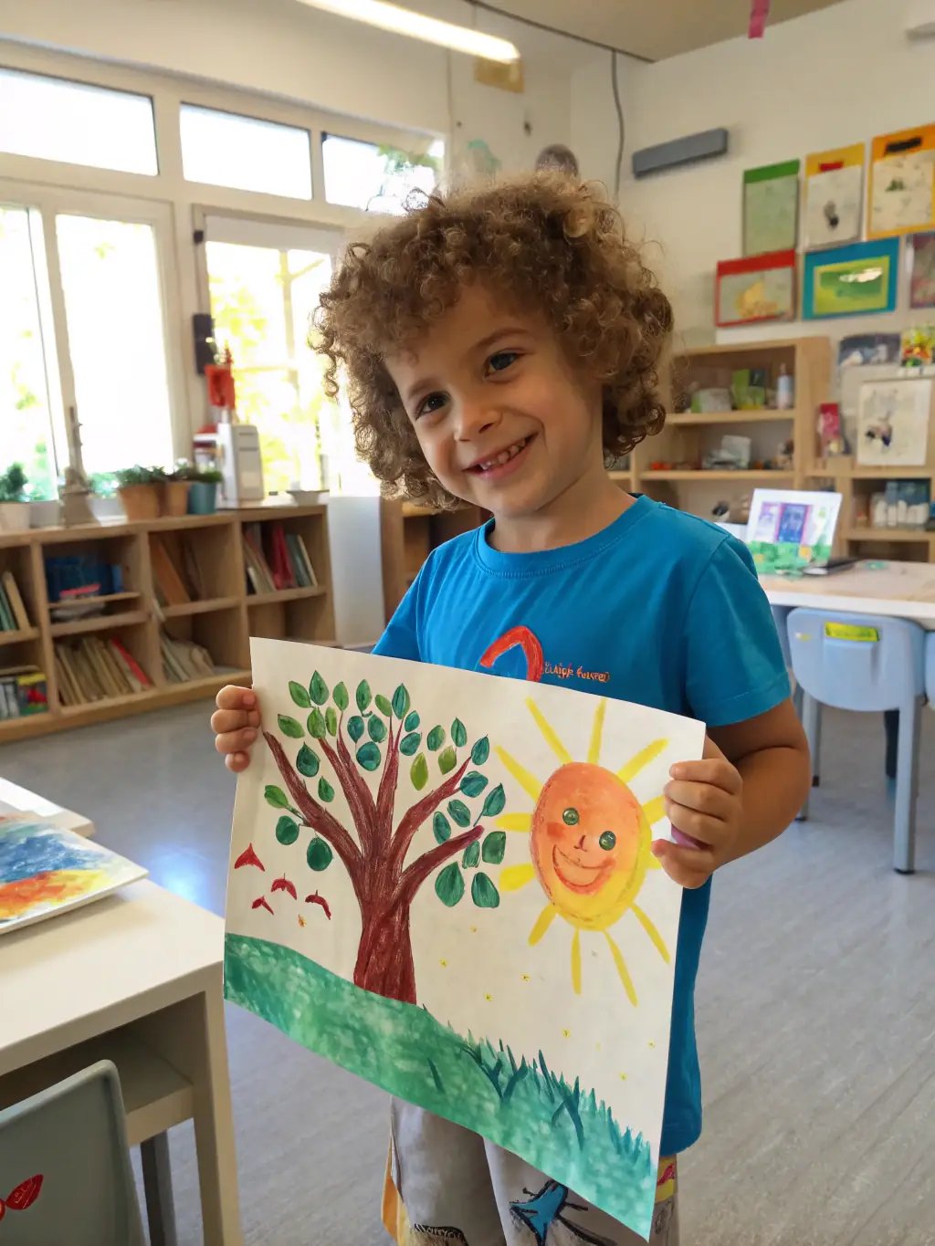 A child proudly displaying an art project created during a MOV 'N DANCE 18 workshop, emphasizing the development of creativity and self-expression.
