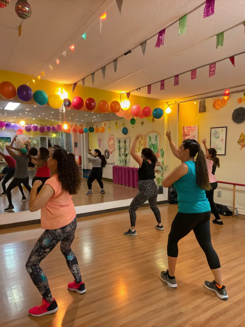 A group of adults participating in a Zumba class at MOV 'N DANCE 18, smiling and enjoying the workout.