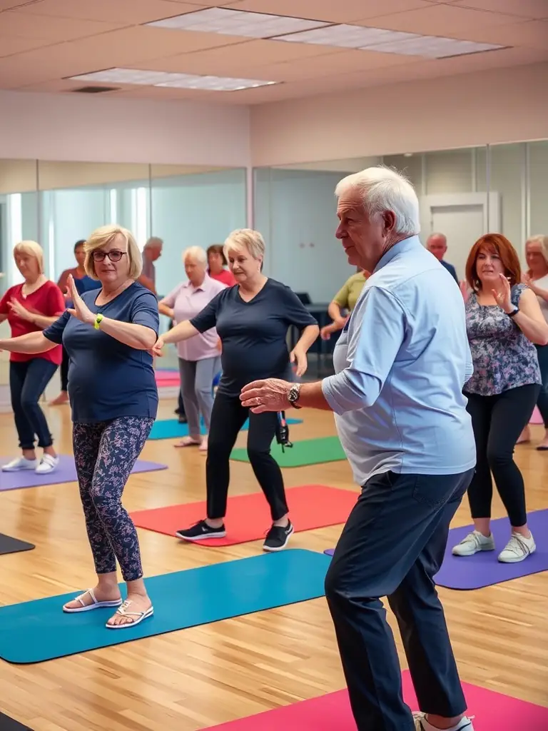 A diverse group of adults participating in a fitness class, highlighting the organization's commitment to promoting health and wellness for all ages.