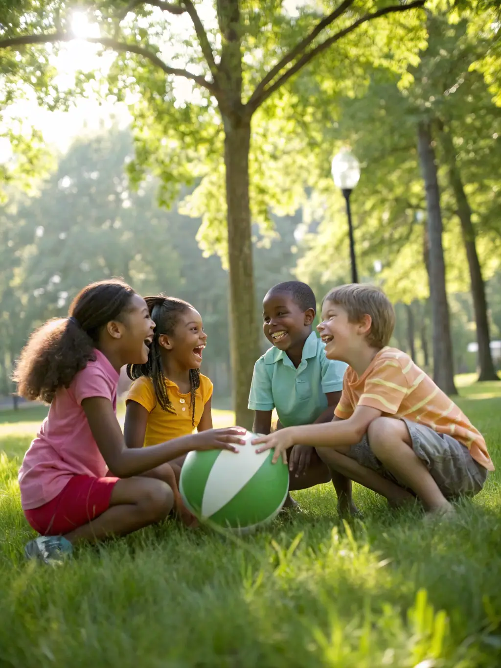 A group of diverse children laughing and dancing together in a bright, sunny park, representing the joy and inclusivity of MOV 'N DANCE 18's programs.
